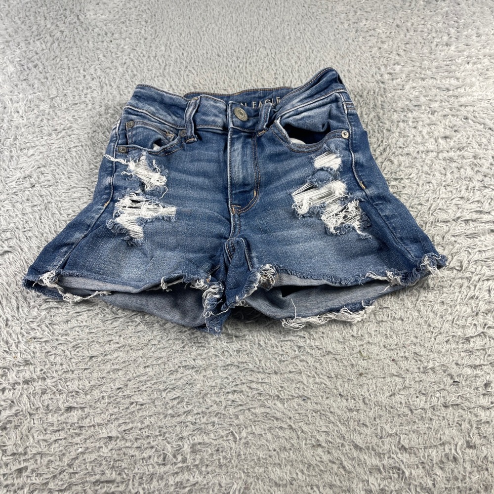 American Eagle Hi-Rise Shortie Distressed Denim Jean Shorts Blue Size 00